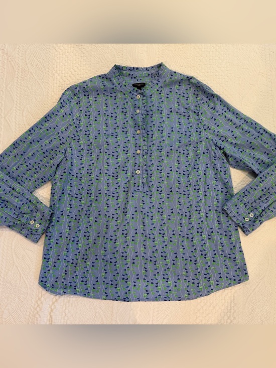 Talbots Tops - TALBOTS Womens Button Blouse Long Sleeve Blue Green Geometric Ruffle Size LP